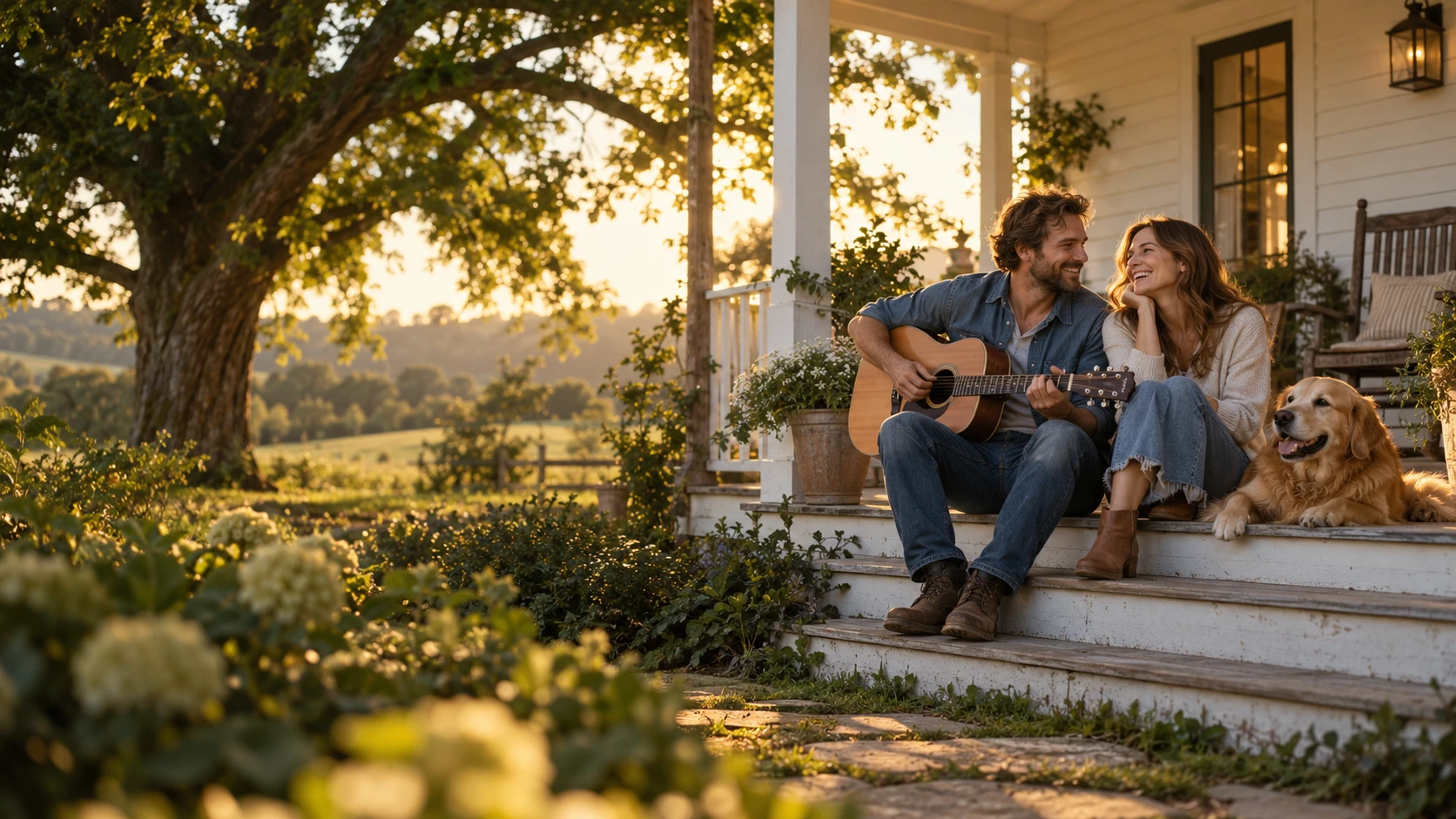 A couple sharing music on a sunlit farmhouse porch with their dog